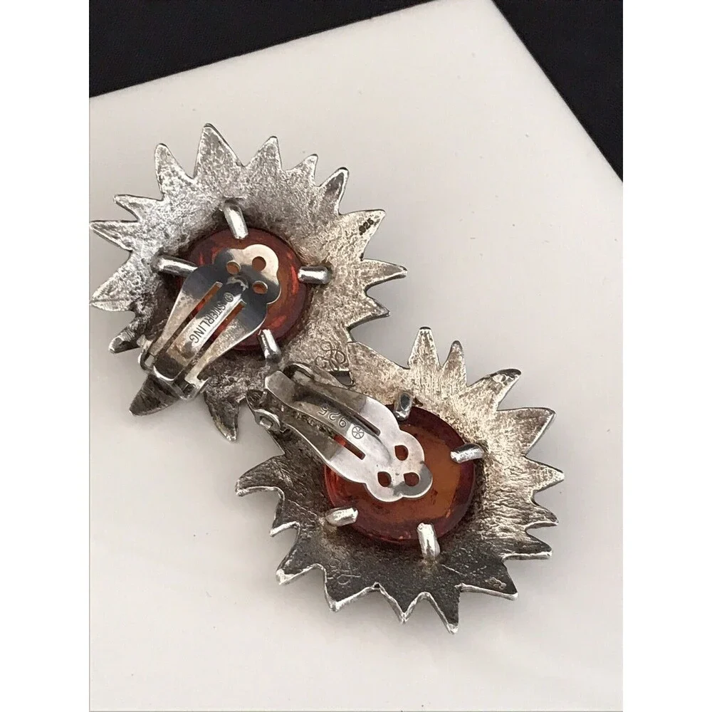 Vintage 1970s Clip Earrings Sterling Silver 925 Natural Amber Sunburst - 1F